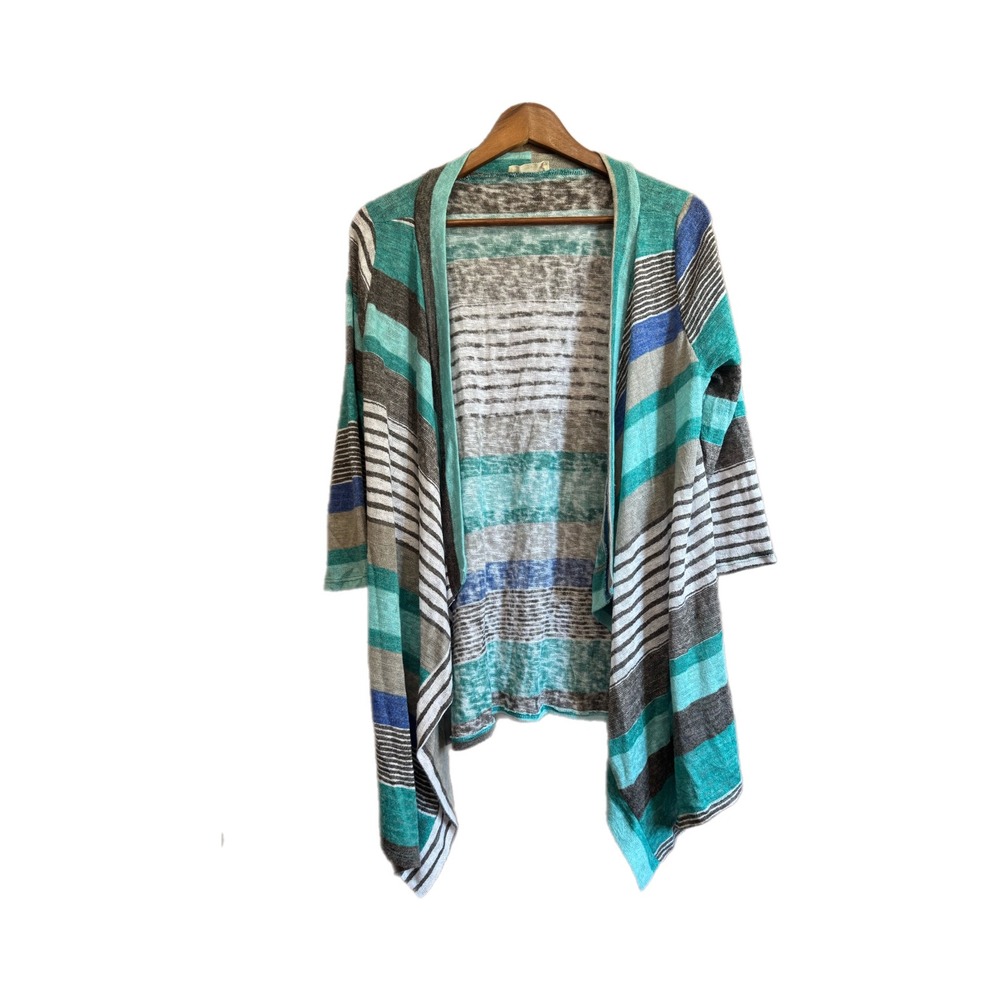 Flamingo Urban Cardigan Womens L Teal Blue Striped Draped Open Front Excellent